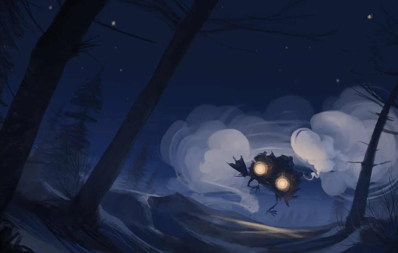 Фото обои лес, ночь, сказка, пыль, арт, жилище, избушка на курьих ножках