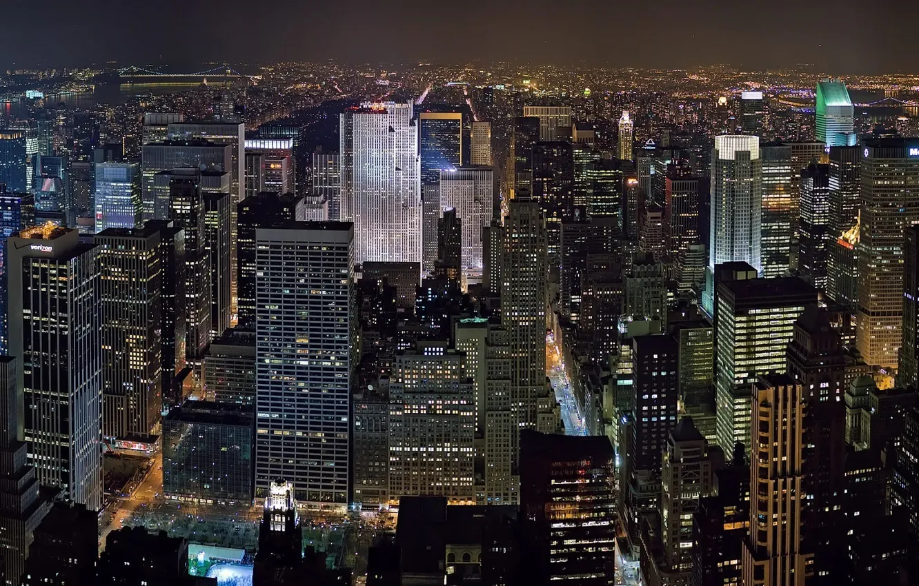 Фото обои свет, ночь, city, здания, Нью-Йорк, иллюминация, New, York