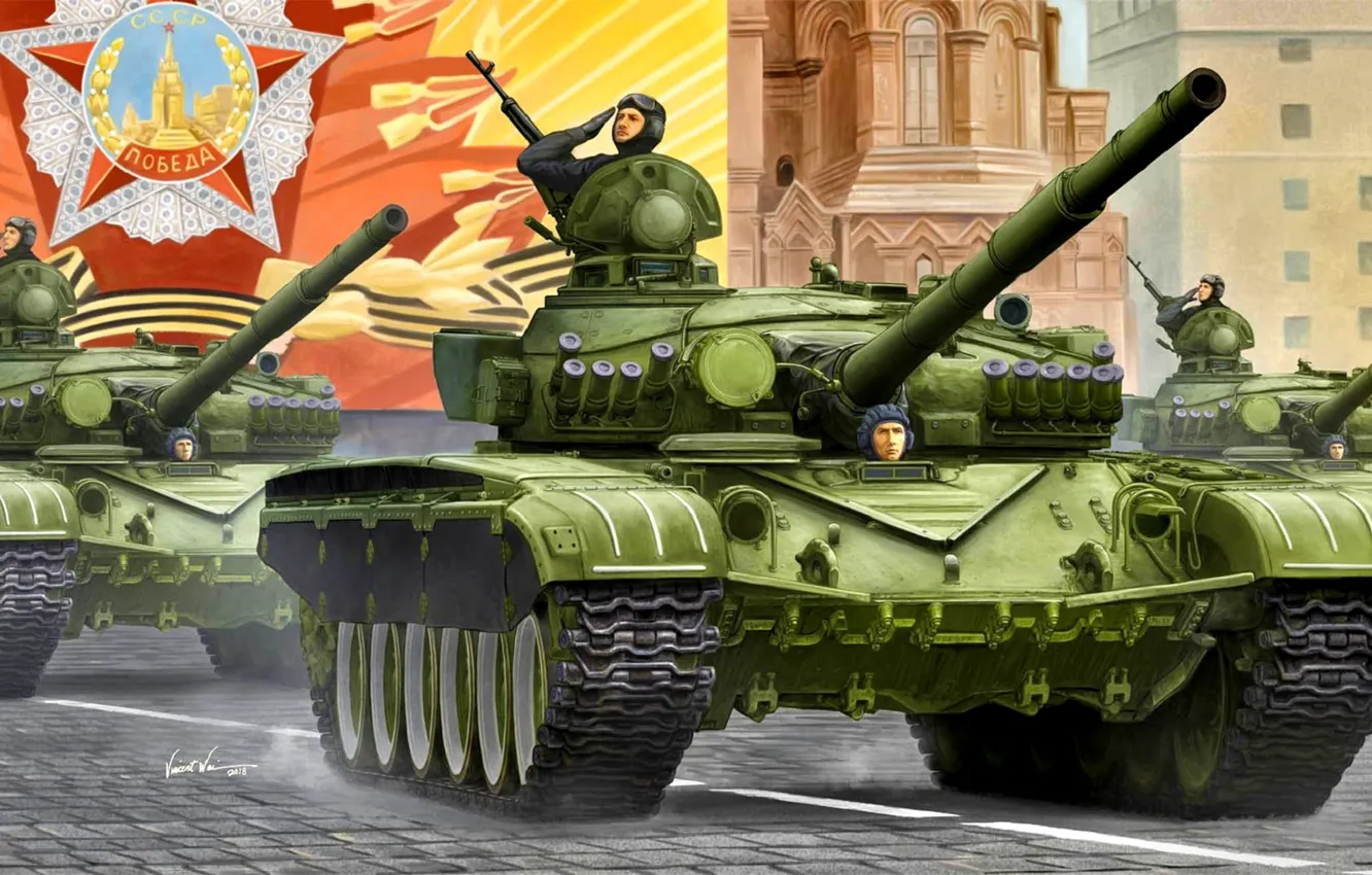 Фото обои танк, Красная площадь, Советский, CCCP, Основной боевой танк, Т-72А, Танкисты, парад победы