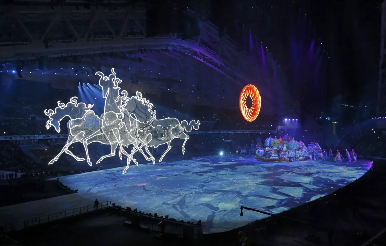 Фото обои солнце, город, волшебство, механизм, кони, лёд, лошади, шоу