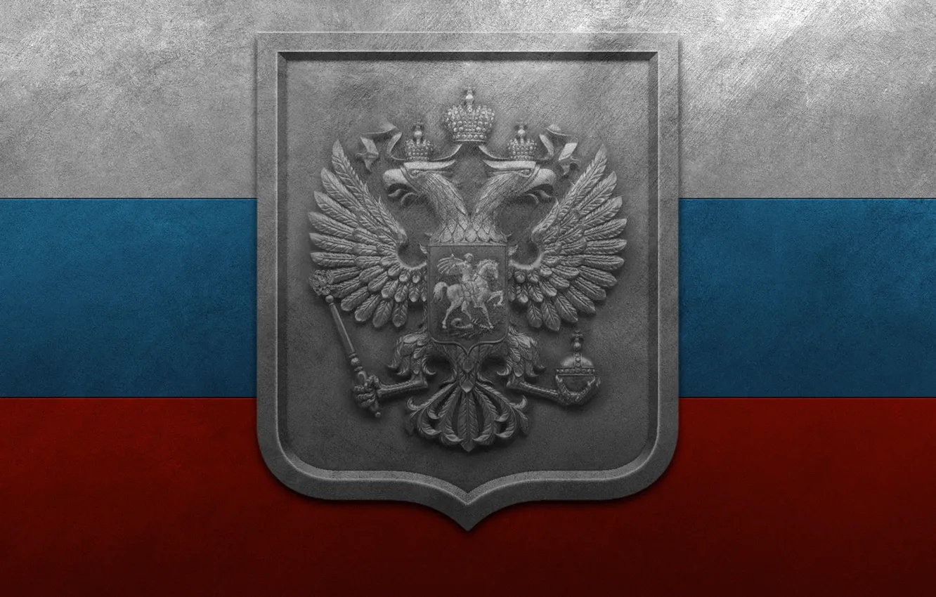 Фото обои металл, триколор, флаг россии, герб россии