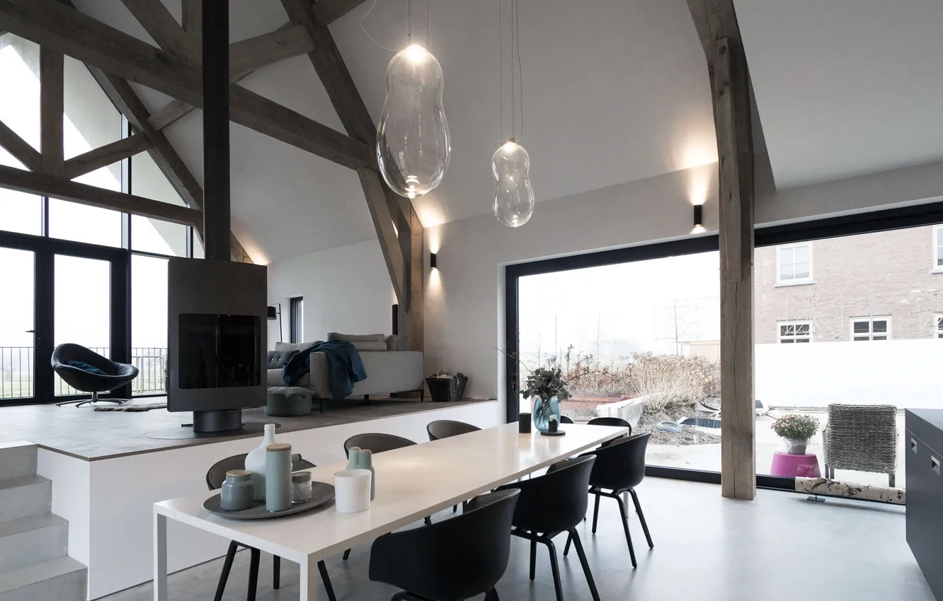 Фото обои дизайн, интерьер, камин, гостиная, столовая, by Architecten Studio-PLS, Longhouse