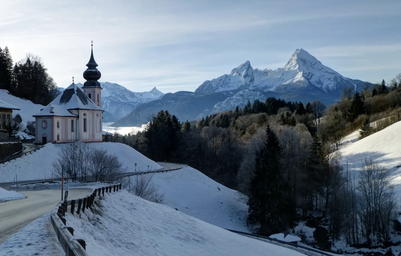 Фото обои зима, дорога, лес, горы, Германия, Бавария, Germany, Bavaria
