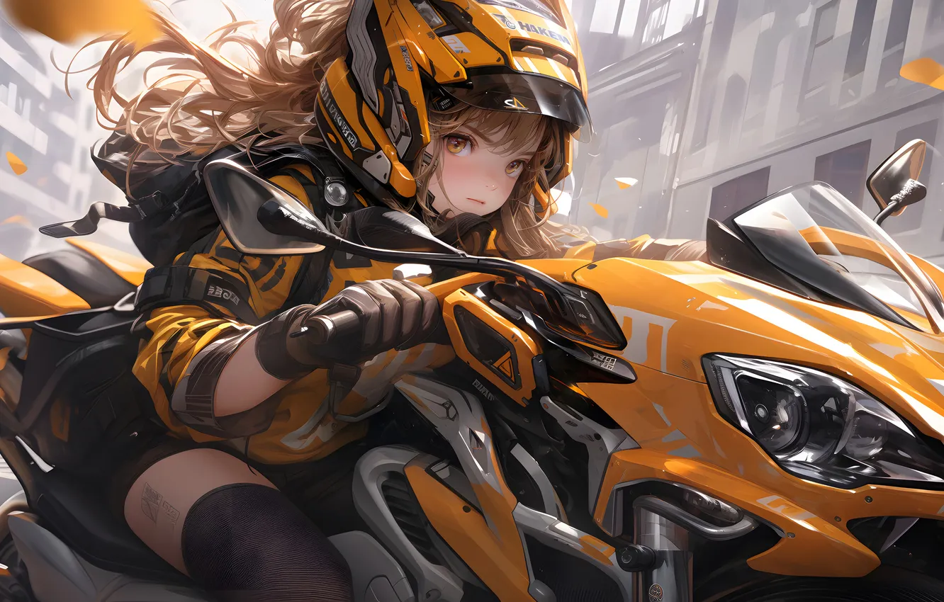 Фото обои Anime, Bike, Motorcycle, Anime Girl, AI Art, AI generated, Yellow motorcycle