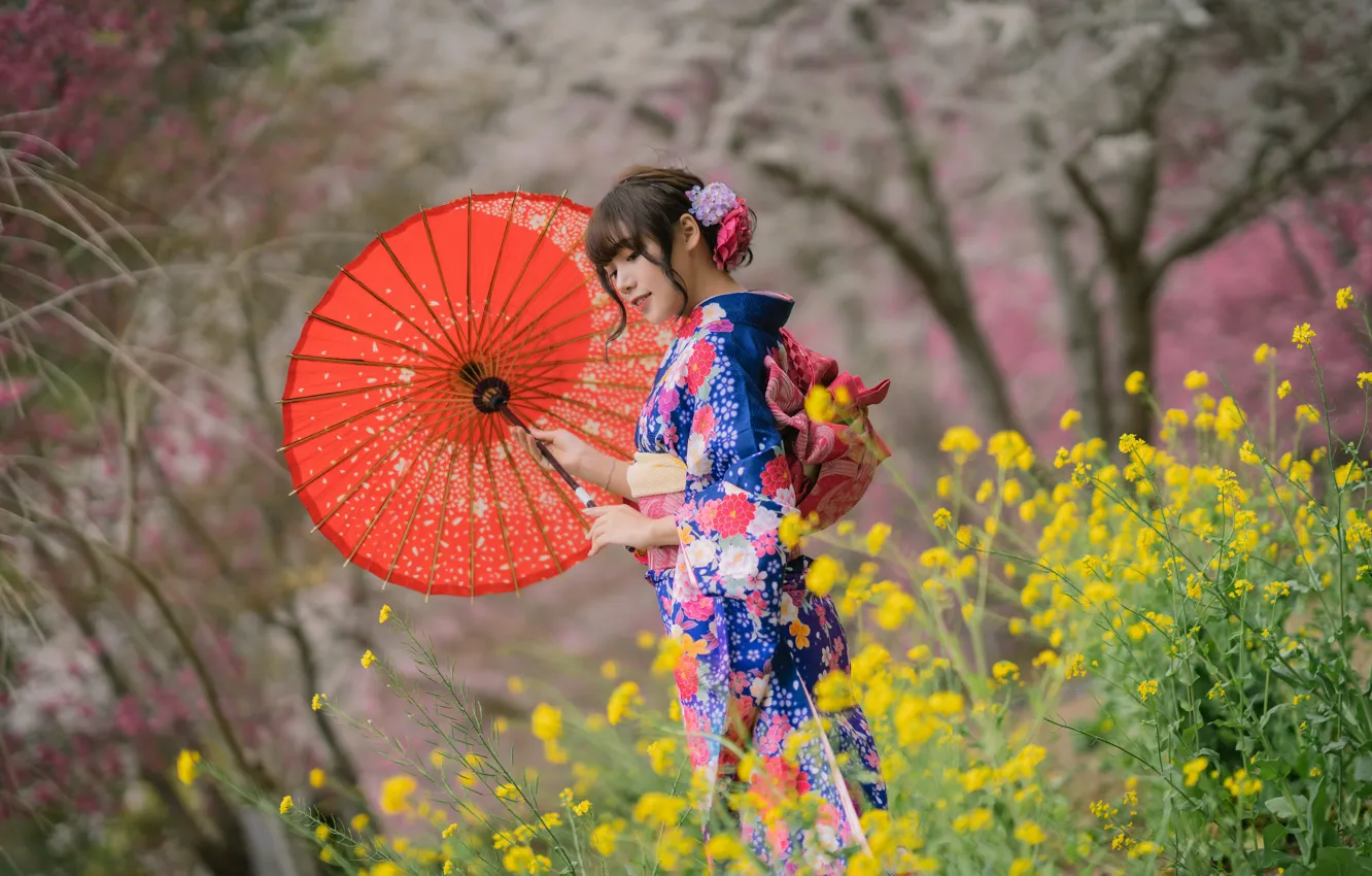 Фото обои зонтик, кимоно, азиатка