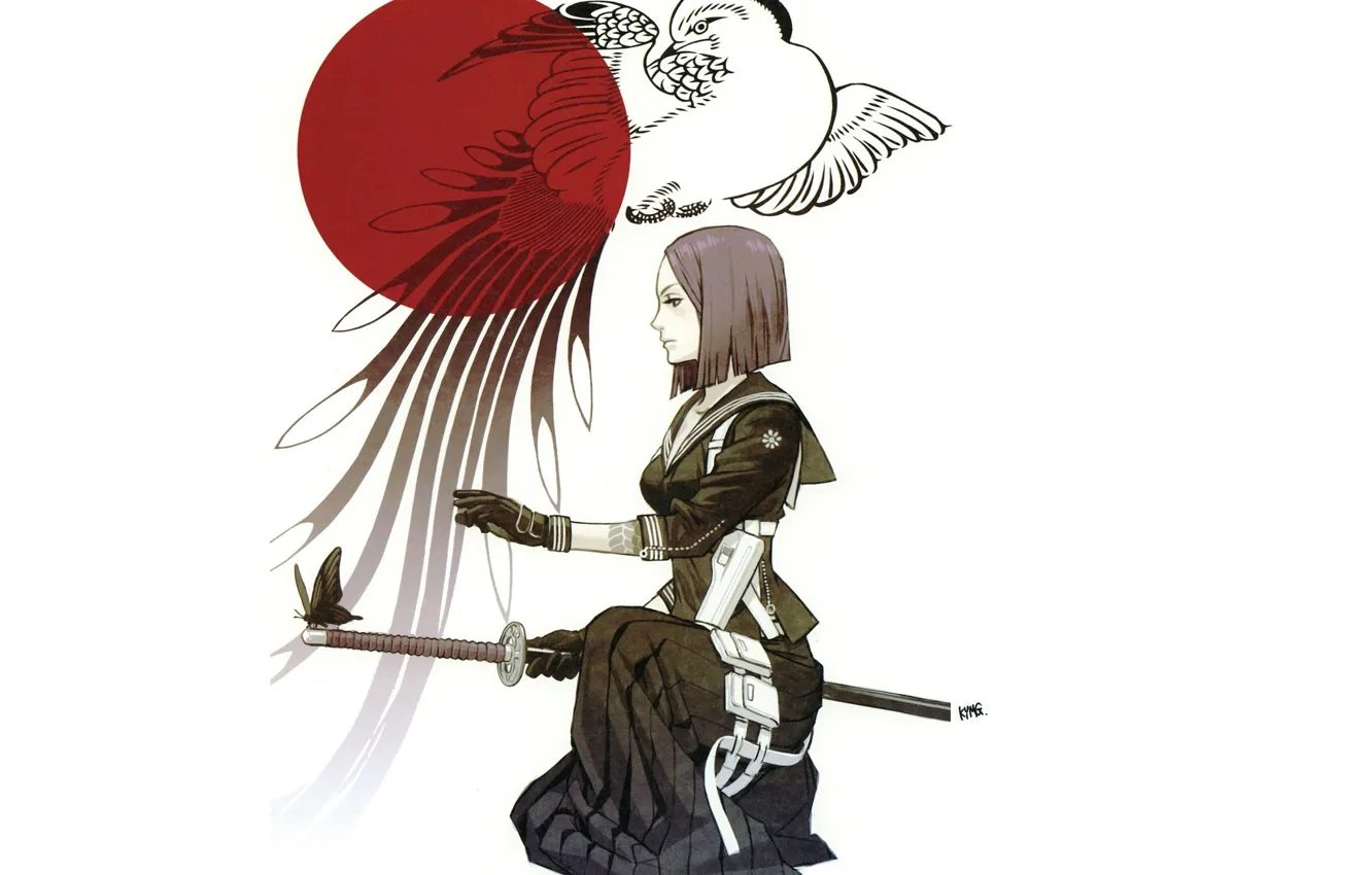 Фото обои бабочка, стрижка, катана, белый фон, Japan, эмблема, птичка, рукоять меча
