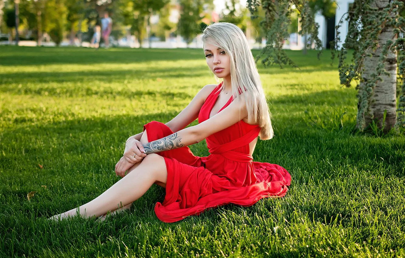 Фото обои трава, Девушка, платье, блондинка, сидит, Vladimir Dudorkin