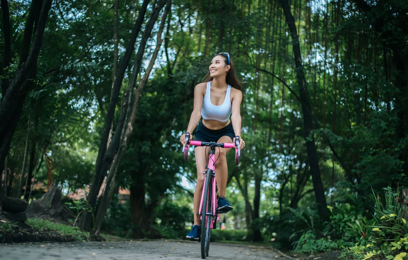 Фото обои girl, forest, bike, nature, beautiful, pretty, sweet
