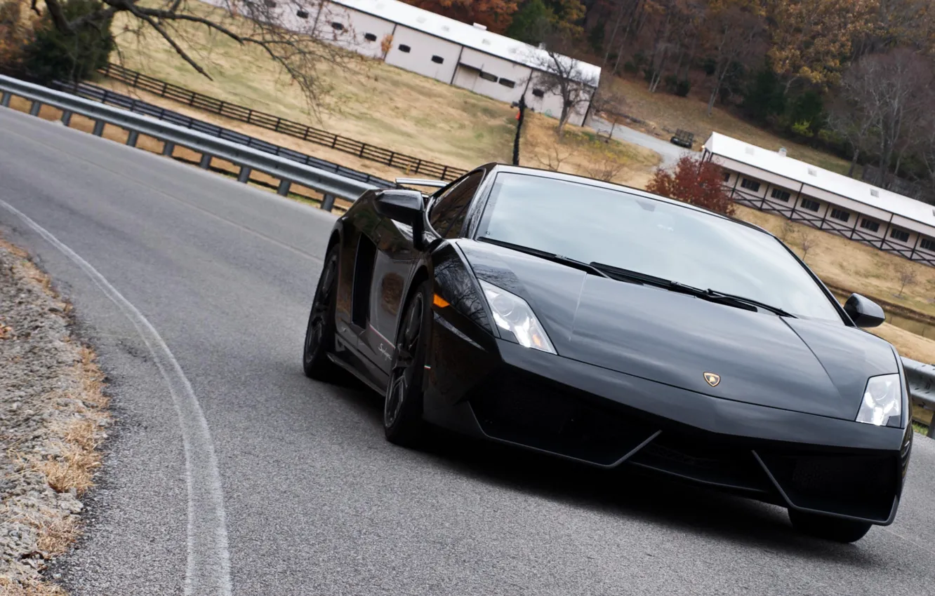 Обои дорога, деревья, Lamborghini, чёрная, gallardo, black, ламборгини ...