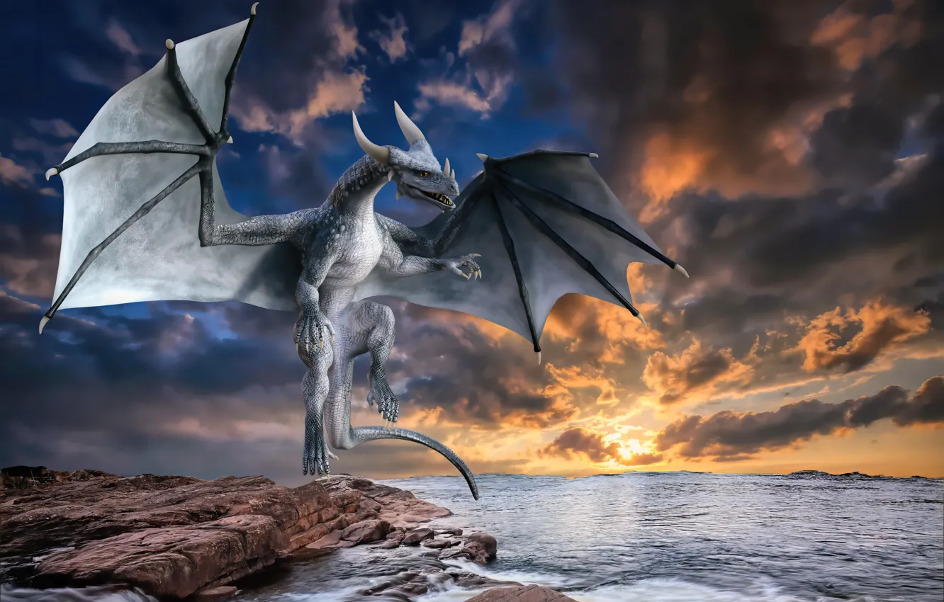 Фото обои море, вода, облака, закат, дракон, рога, horns, sea