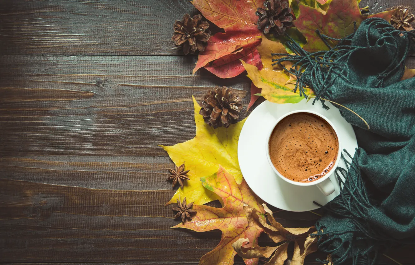 Фото обои осень, листья, кофе, чашка, натюрморт, платок