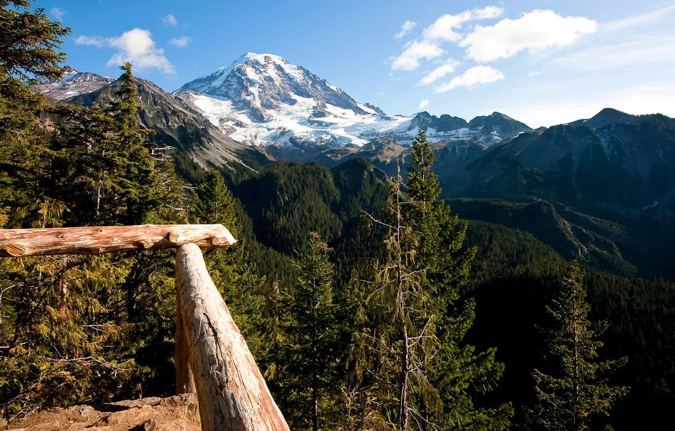 Фото обои лес, небо, облака, деревья, горы