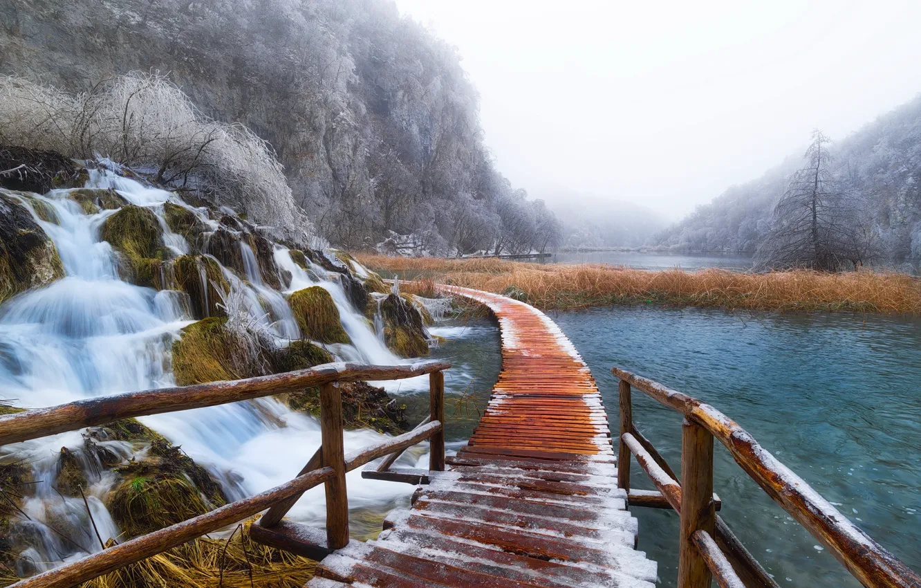 Фото обои зима, мост, природа, lakes, croatia, plitvice