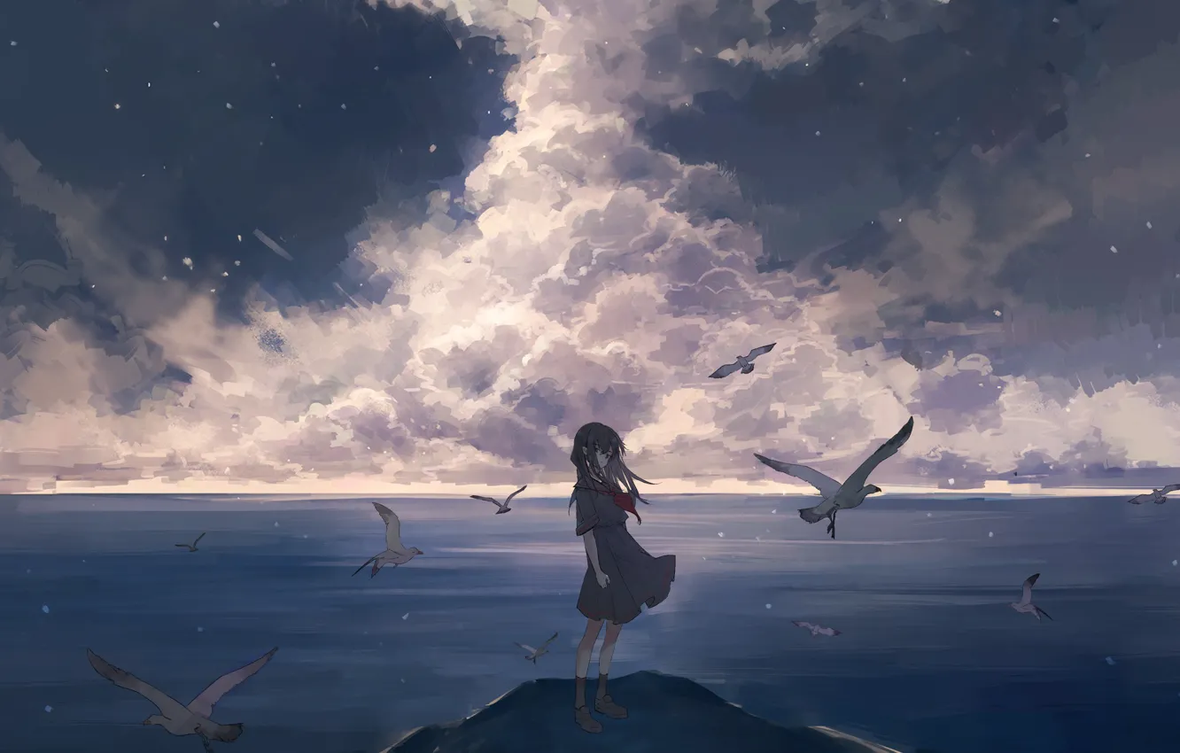 Фото обои море, небо, облака, тучи, ветер, побережье, чайки, девочка