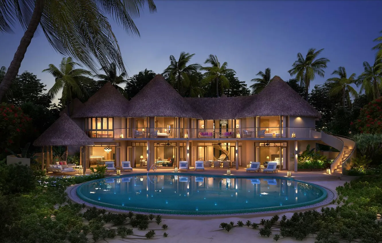 Фото обои пальмы, вилла, вечер, бассейн, Мальдивы, курорт, Maldives, Resort Nautilus