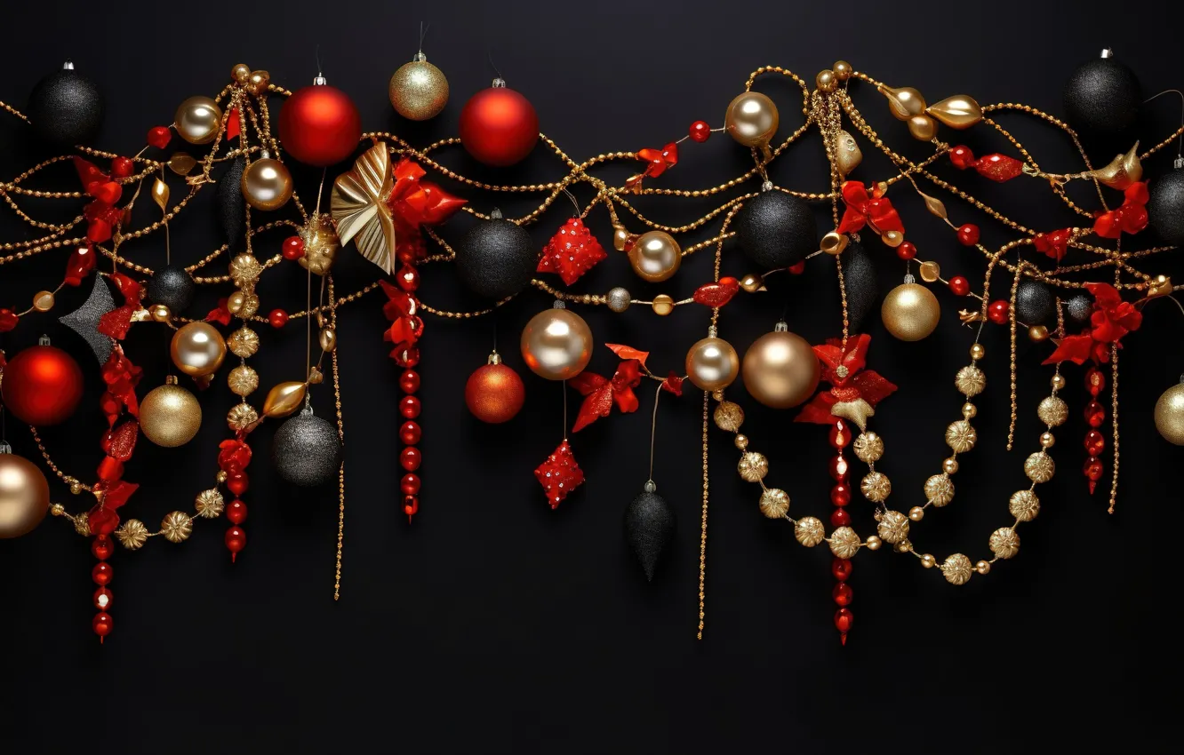 Фото обои украшения, темный фон, шары, Новый Год, Рождество, golden, new year, happy