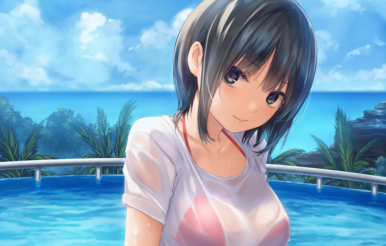 Фото обои girl, sexy, pool, sky, sea, boobs, anime, water