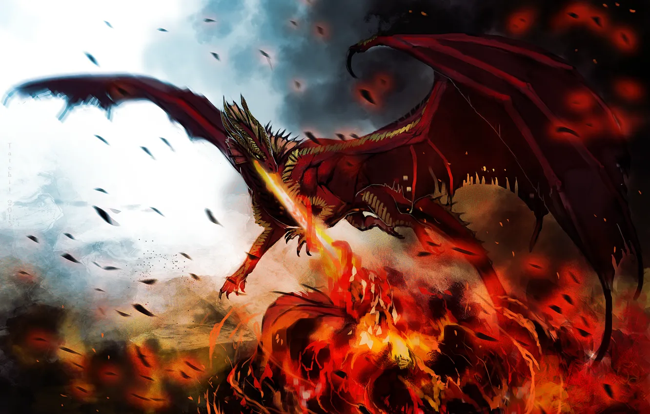 Фото обои огонь, пламя, дракон, крылья, монстр, арт, dragon, hellfyre