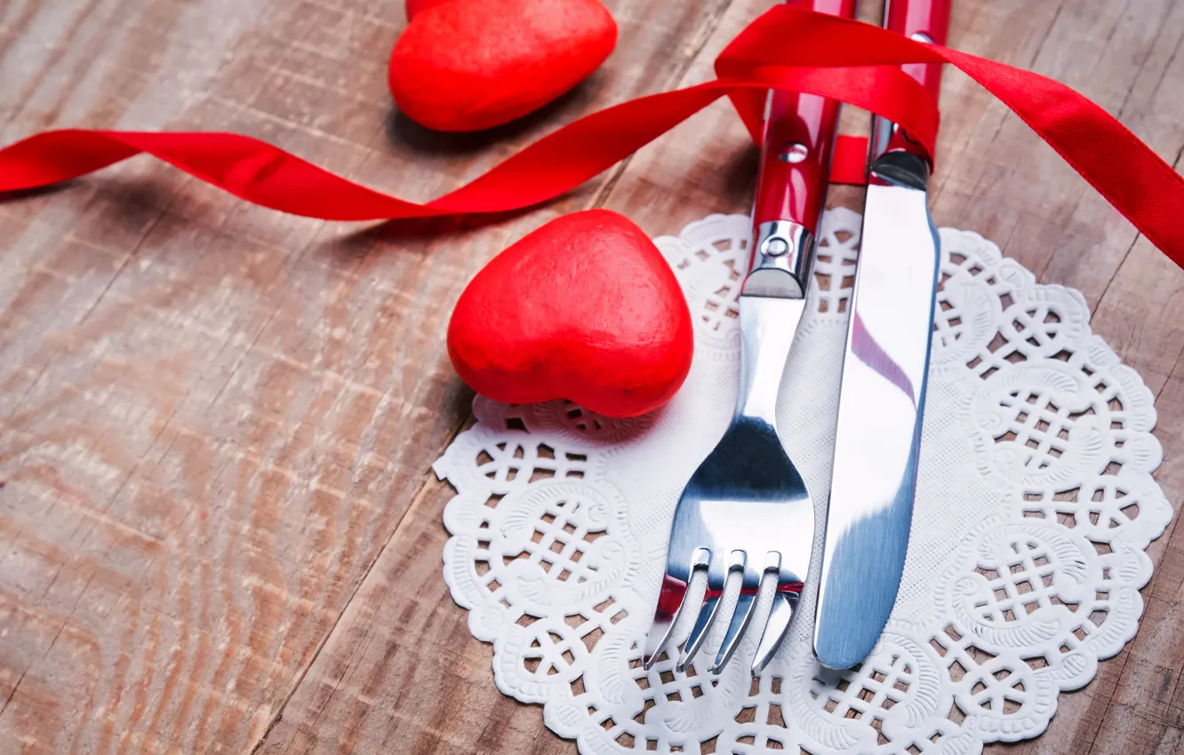 Фото обои нож, сердечки, red, вилка, romantic, hearts, Valentine's Day, candles
