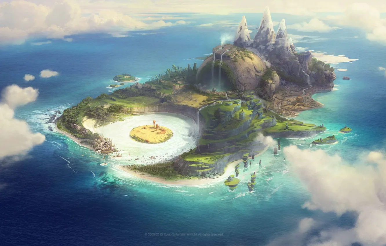 Фото обои водопад, Piggy Island, rovio piggyisland, горы, остров