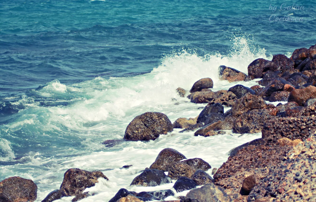 Фото обои море, волны, камни, голубой, греция, крит