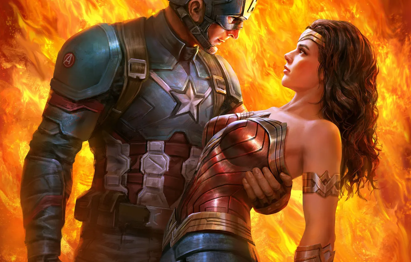 Фото обои fire, flame, fantasy, Wonder Woman, Marvel, couple, comics, Captain America