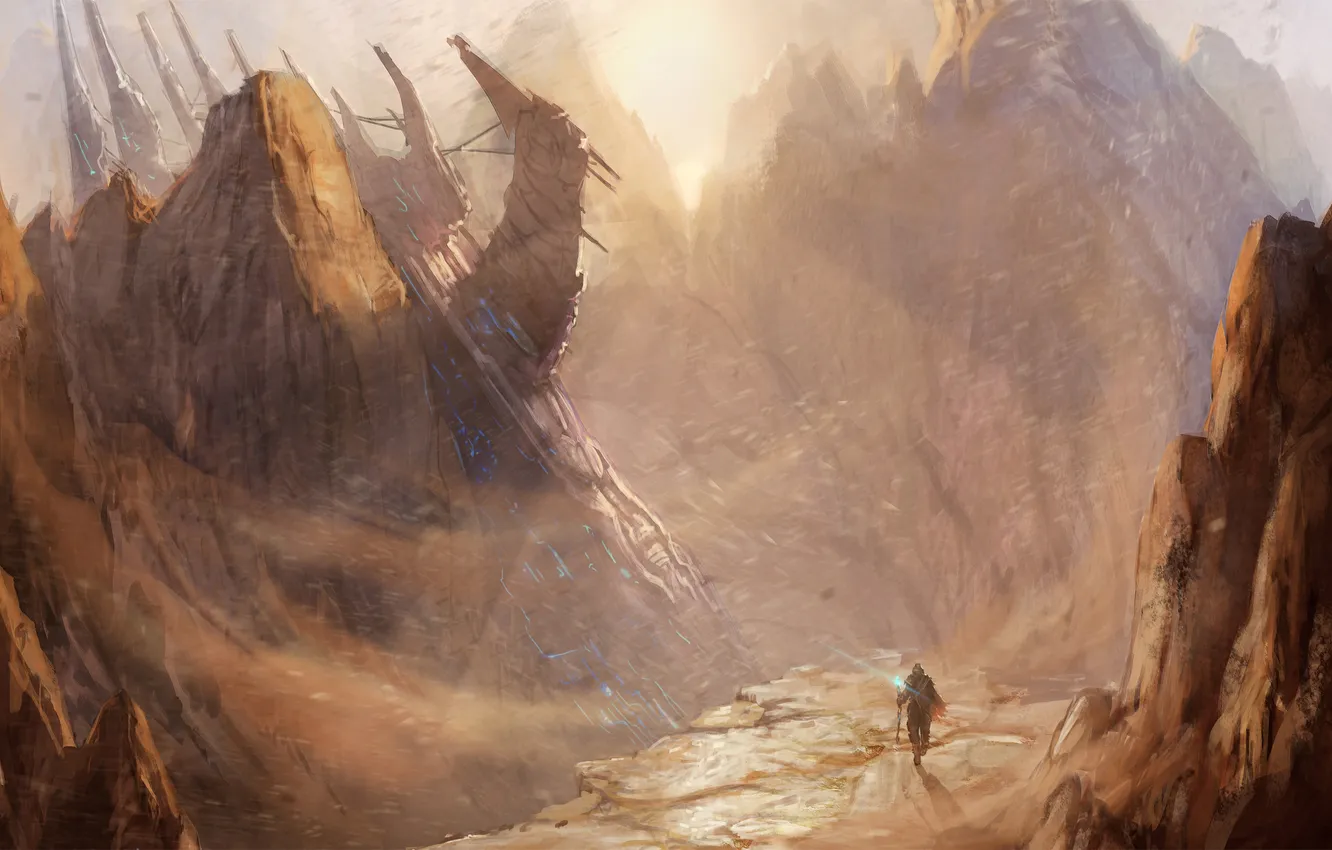 Фото обои горы, скалы, человек, арт, маг, посох, путник