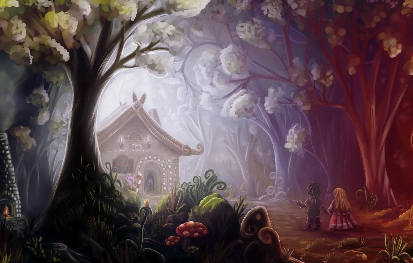 Фото обои лес, деревья, цветы, дети, грибы, сказка, арт, пряничный домик