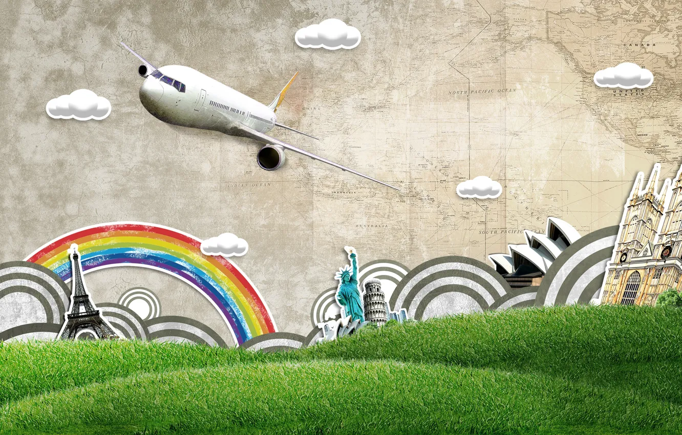 Фото обои трава, облака, холмы, эйфелева башня, карта, радуга, самолёт, колизей