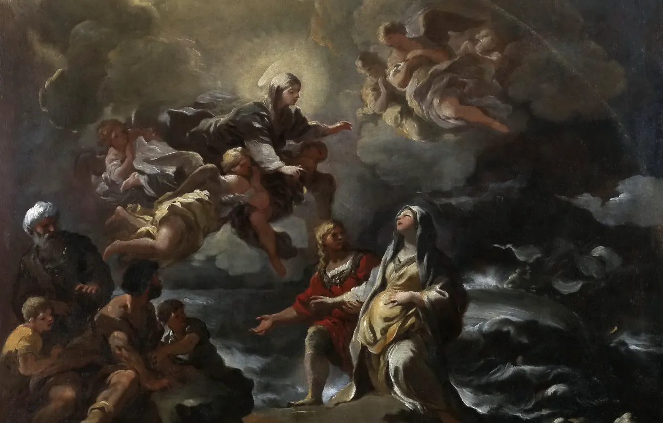 Фото обои картина, мифология, Лука Джордано, Богородица Спасает Святую Бригитту во Время Кораблекрушения