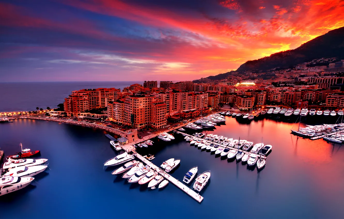 Фото обои город, рассвет, гора, дома, бухта, яхты, Monaco