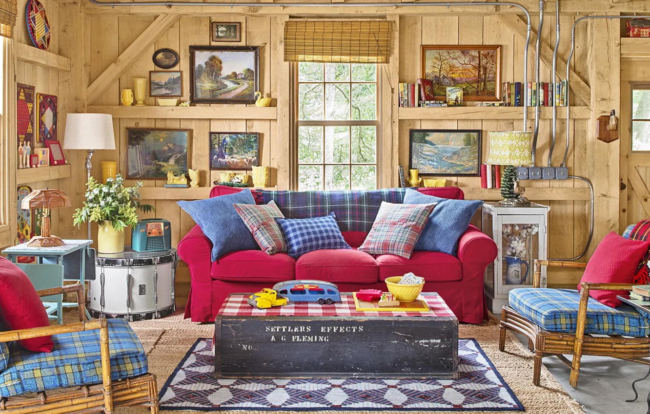 Фото обои дизайн, стиль, интерьер, гостиная, деревянный дом, Party Barn living room