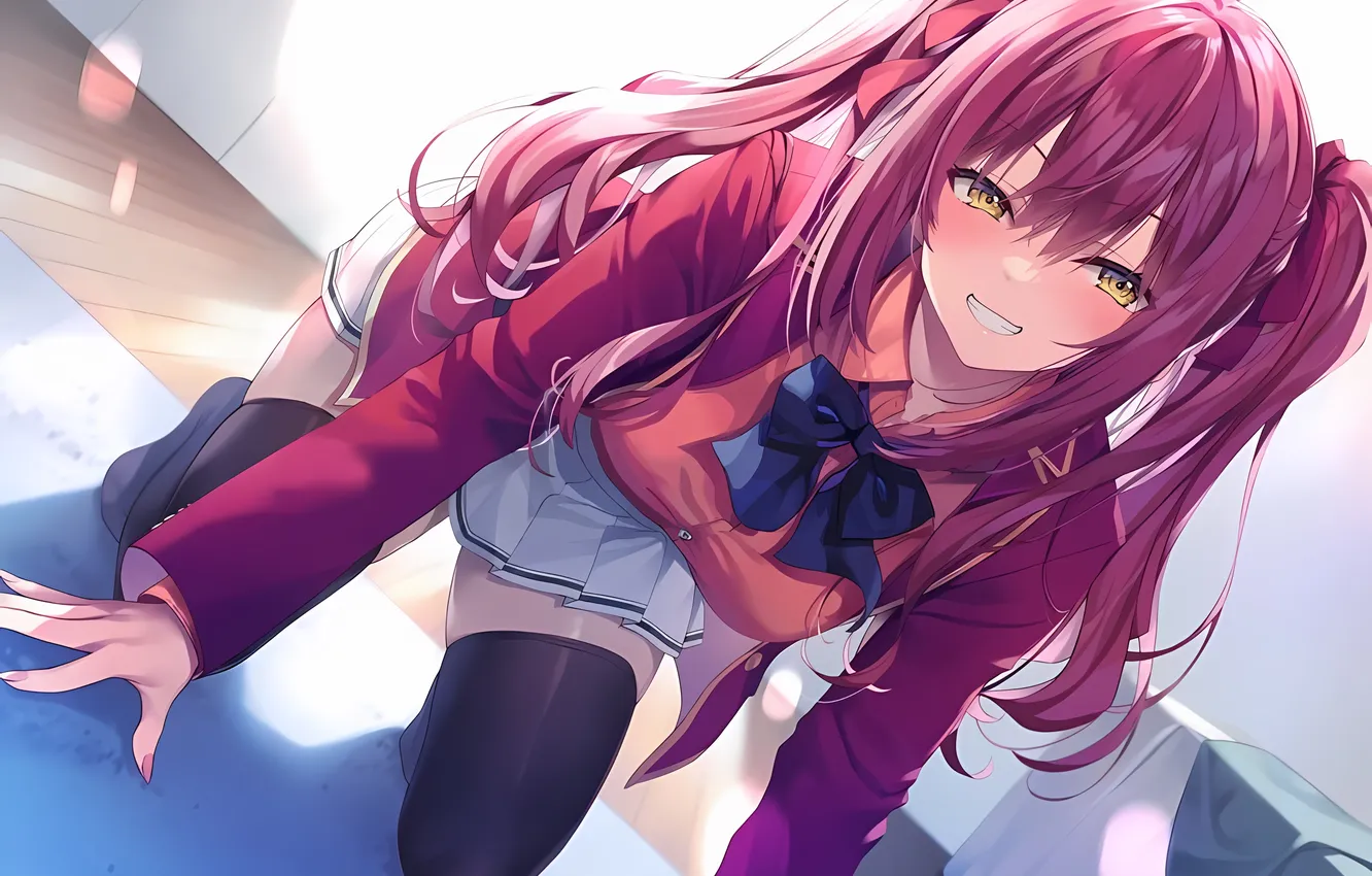 Фото обои girl, school uniform, thighhighs, red hair, long hair, legs, anime, beautiful