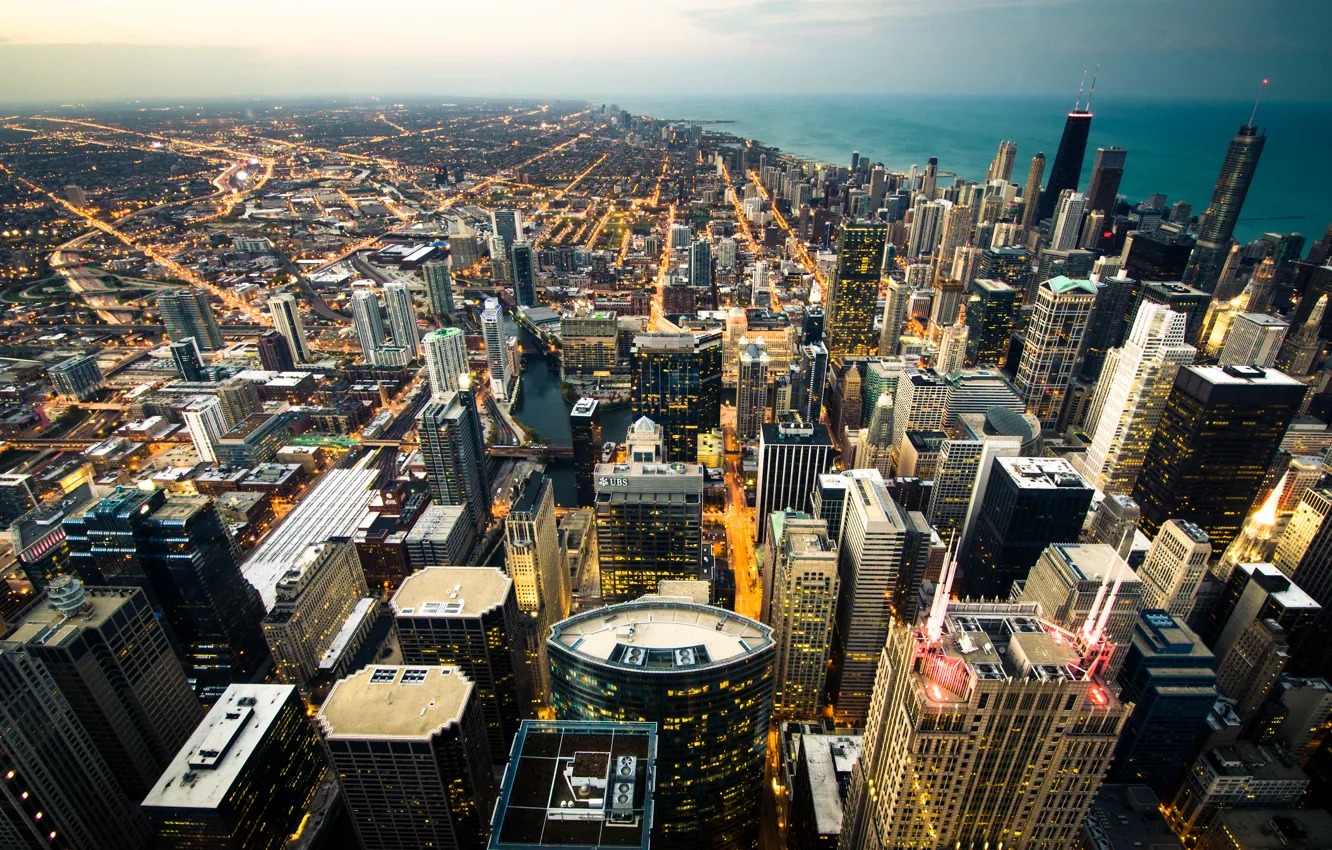 Фото обои город, океан, небоскребы, панорама, США, Chicago, вид с небоскреба the Willis Tower