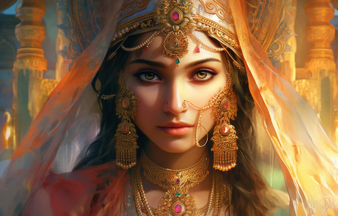 Фото обои взгляд, девушка, свет, украшения, портрет, принцесса, фата, дворец