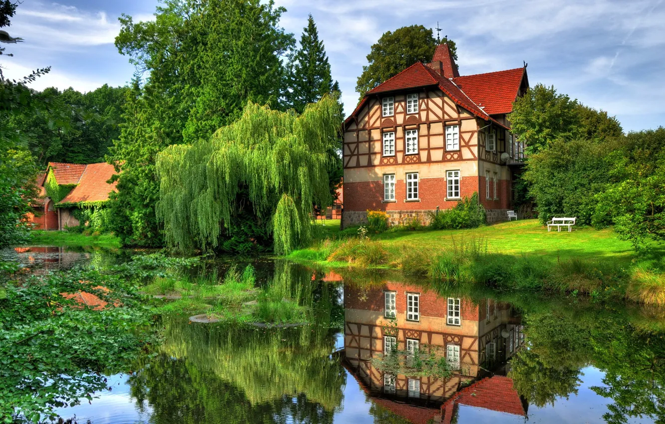 Фото обои лето, деревья, отражение, река, Германия, особняк