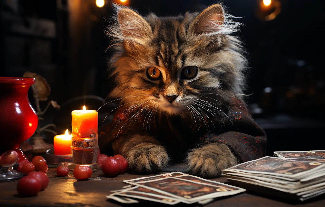 Фото обои кошка, карты, кот, взгляд, свет, поза, темнота, котенок