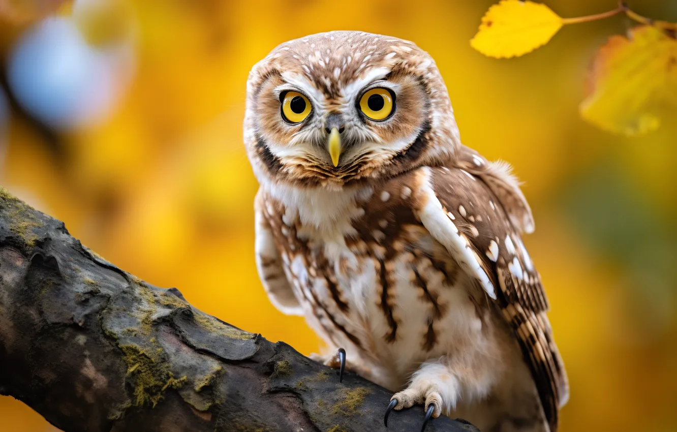Фото обои осень, взгляд, сова, птица, сыч, ИИ-арт, НЕЙРОСЕТЬ