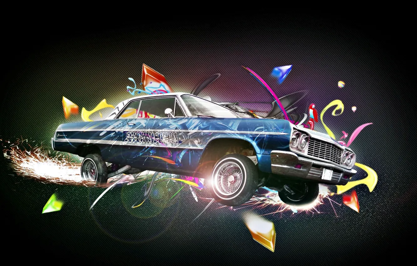 Фото обои машина, авто, граффити, искра, разноцветные