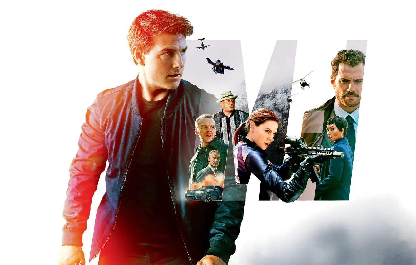 Фото обои коллаж, белый фон, боевик, постер, Том Круз, персонажи, Tom Cruise, Саймон Пегг