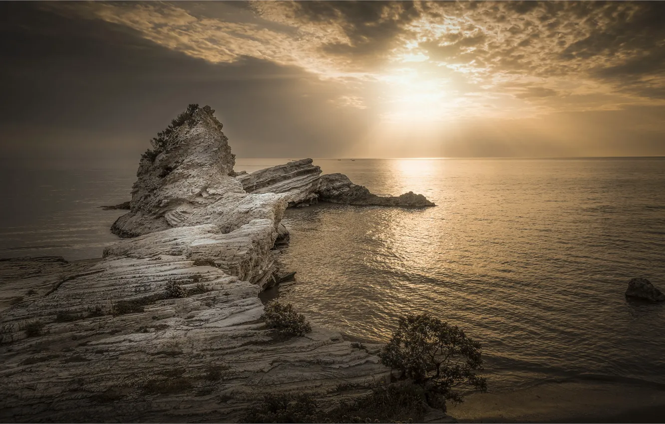 Фото обои море, закат, скалы