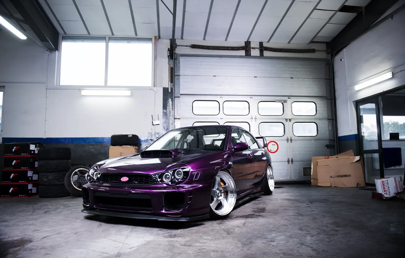 Фото обои Subaru, Purple, Front, Subaru Impreza, Garage, Subaru Impreza WRX STI, JR Wheels