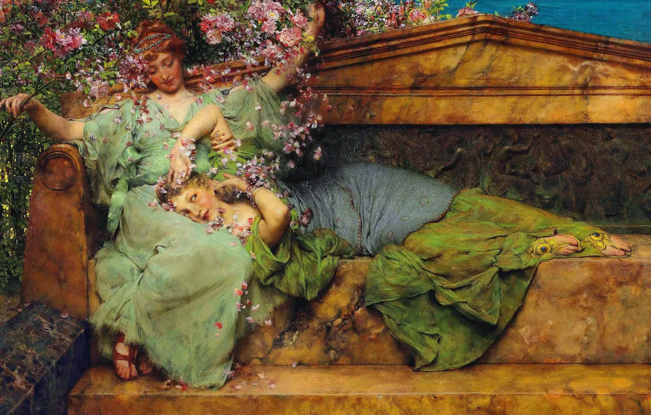 Фото обои Девушки, Картина, Розы, Двое, Lawrence Alma-Tadema, Лоуренс Альма-Тадема, Британский живописец, В саду роз