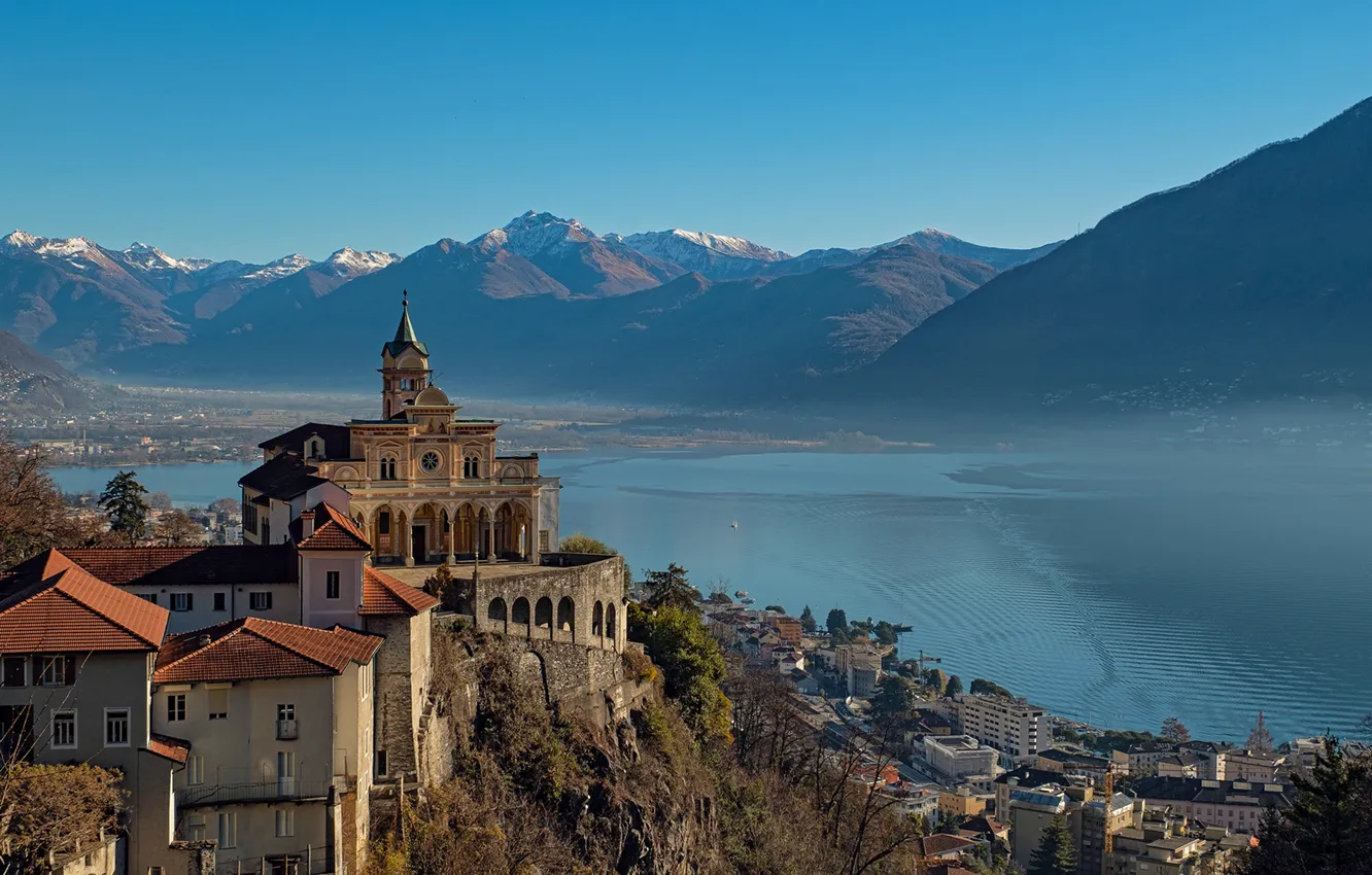 Фото обои горы, озеро, дома, Швейцария, Альпы, церковь, монастырь, Switzerland