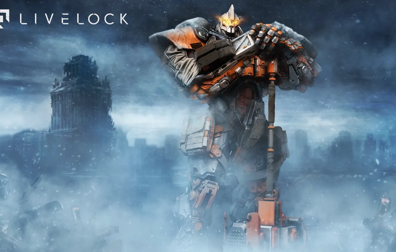 Фото обои battlefield, logo, game, robot, warhammer, armor, weapon, war