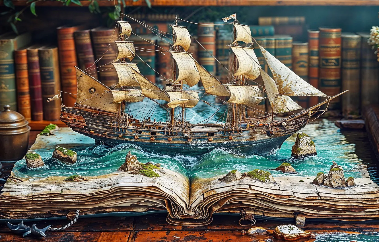 Фото обои море, корабль, книги, парусник, книга, библиотека