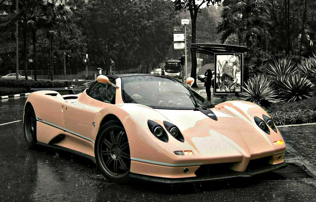 Фото обои дождь, суперкар, Pagani, итальянский, zonda, зонда, пагани, c12