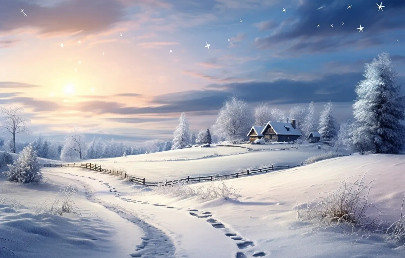 Фото обои зима, лес, снег, мороз, домик, house, хижина, rustic