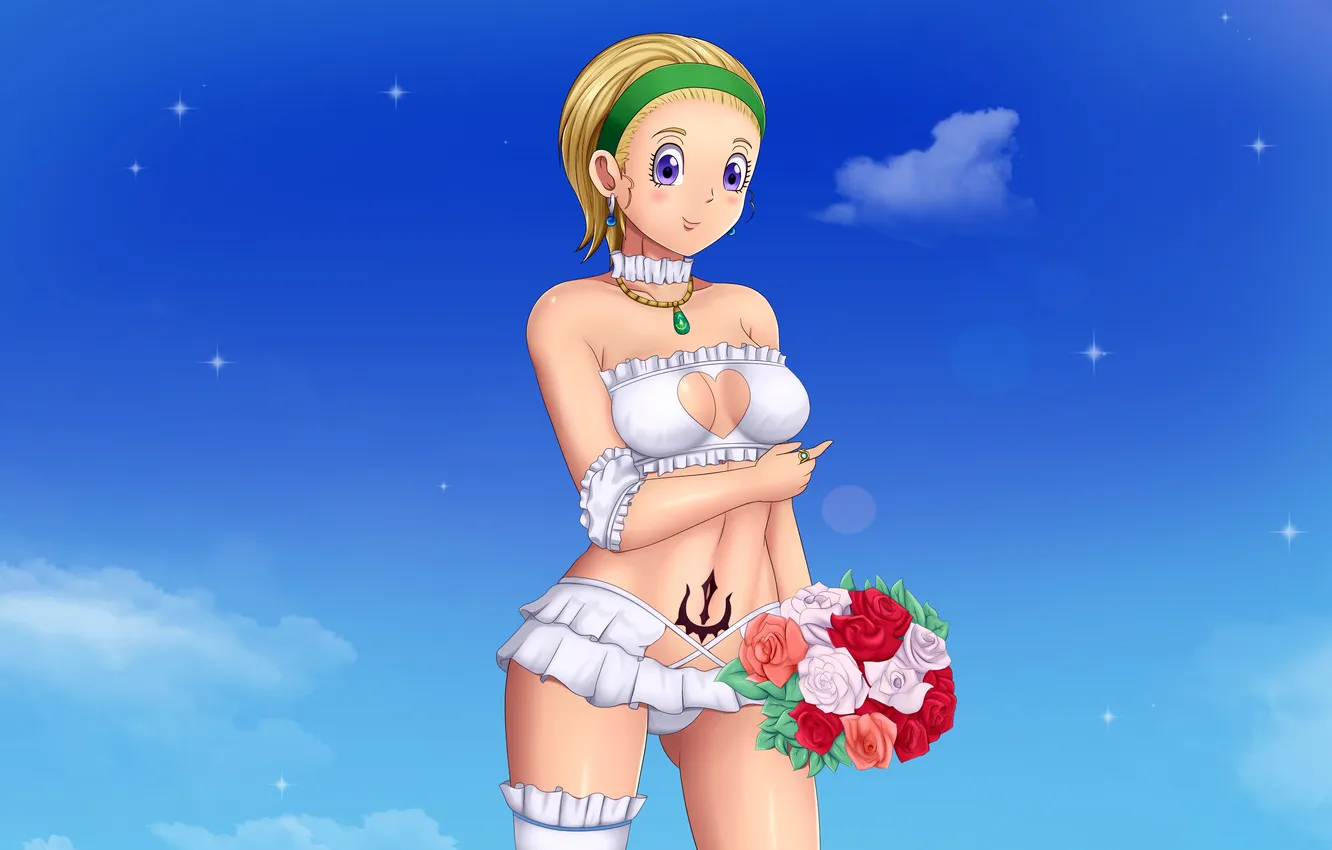 Фото обои girl, sexy, cleavage, boobs, anime, flowers, beautiful, short hair