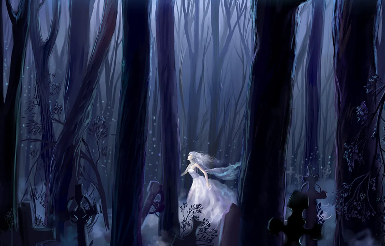 Фото обои лес, снег, ночь, кресты, Девушка, белое платье, бежит